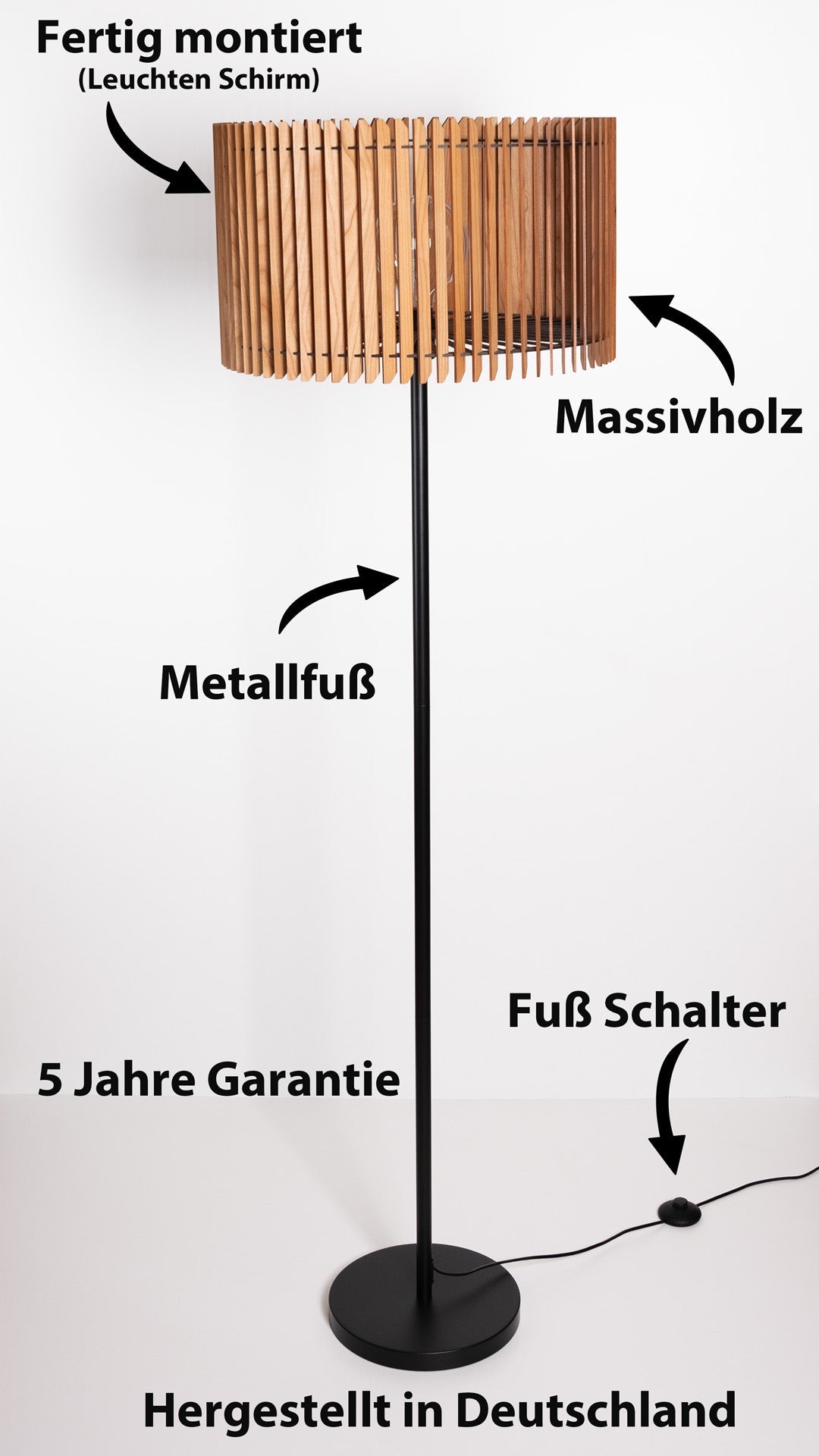 Stehleuchte Manila – zeitlose Holz Designleuchte aus Nussbaum oder Kirschholz
