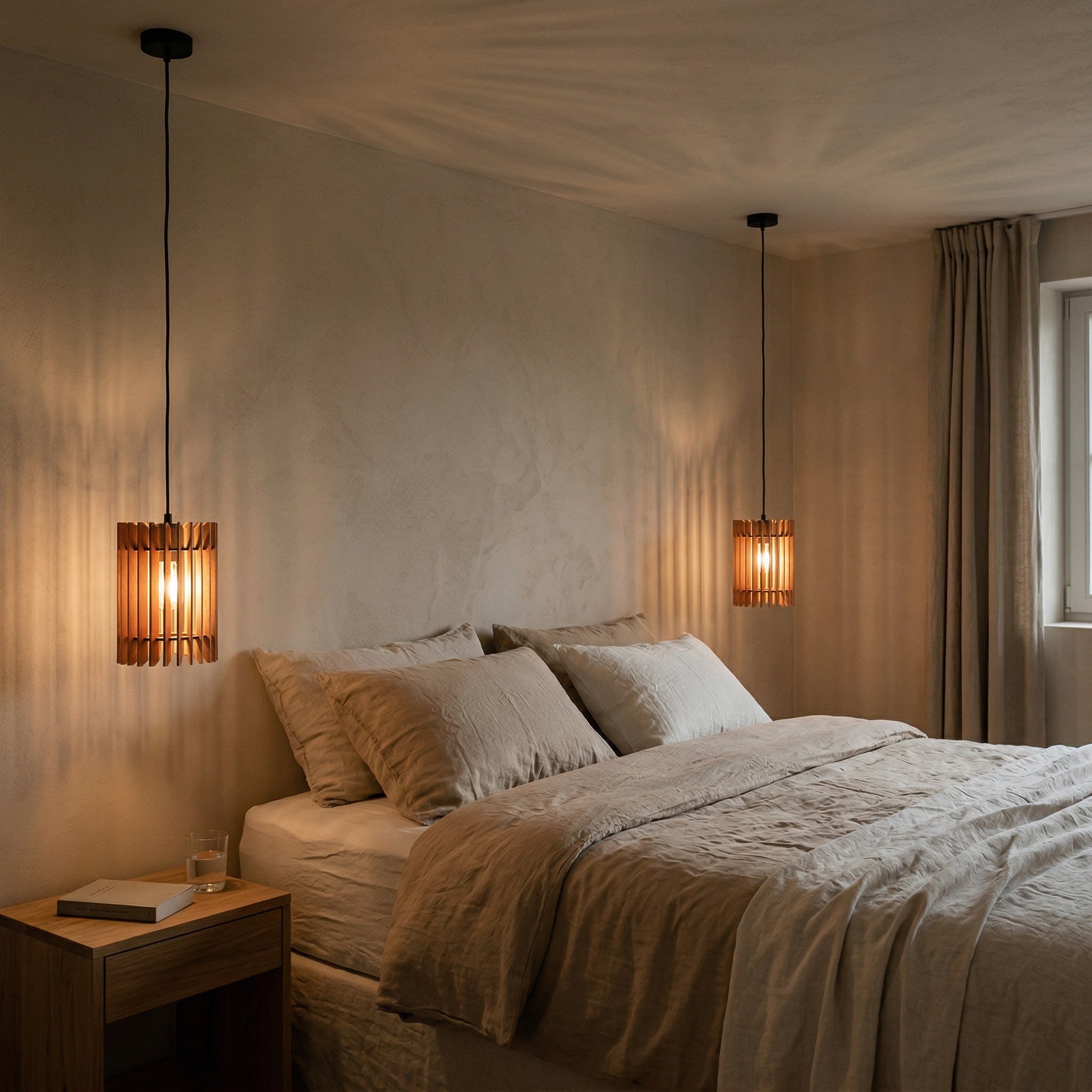 Holz Pendelleuchte im Schlafzimmer – warmes Licht für eine ruhige und gemütliche Atmosphäre am Bett