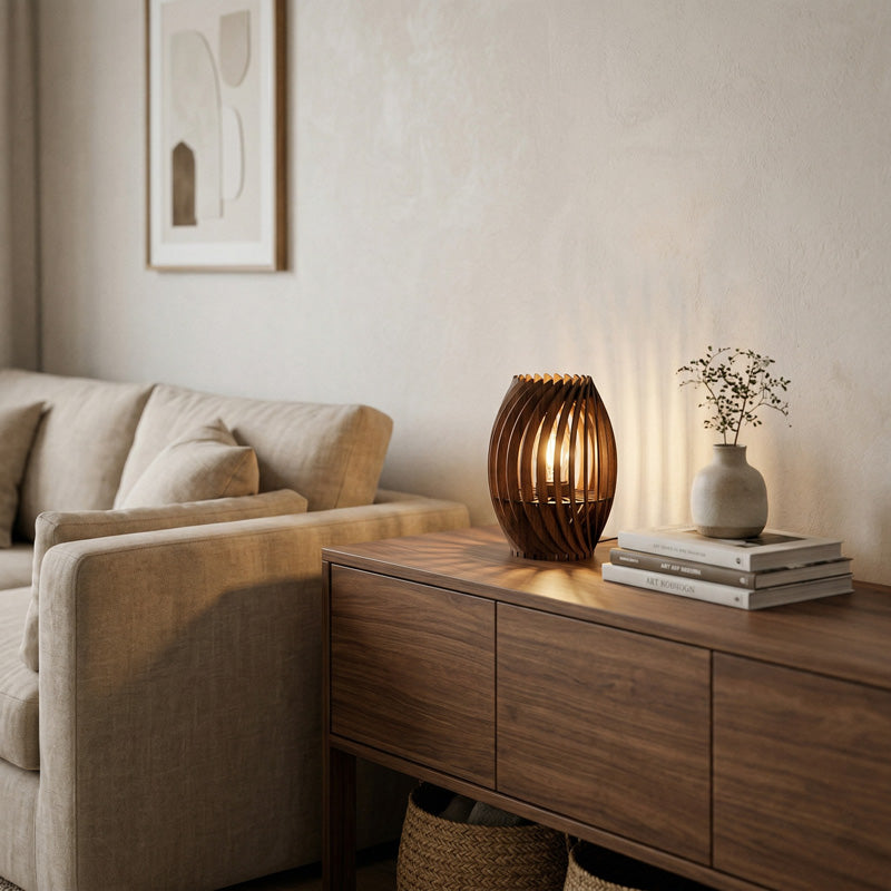 Holz Tischleuchte auf Sideboard – natürliche Beleuchtung mit warmem Licht und ruhiger Ausstrahlung