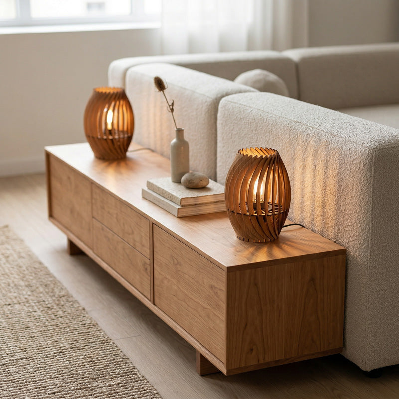 Holz Tischleuchte im Wohnzimmer – warme Beleuchtung für ein gemütliches und stilvolles Zuhause