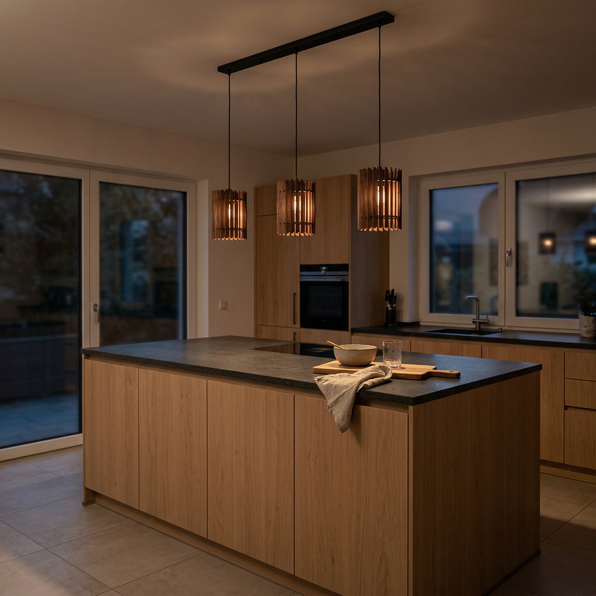 kücheninsel beleuchtung pendelleuchte nussbaum modern