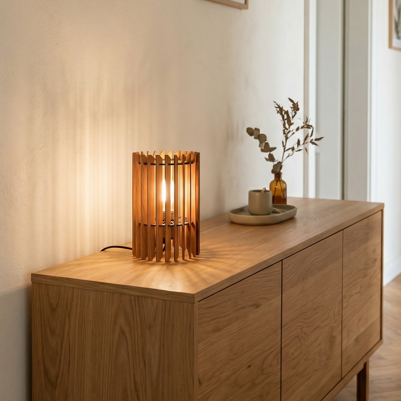 Holz Tischleuchte auf Sideboard – warme Beleuchtung für eine ruhige und stilvolle Wohnatmosphäre