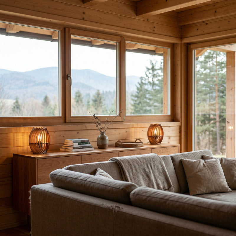 Holz Tischleuchte im Wohnzimmer – natürliche Beleuchtung für ein stilvolles und ruhiges Zuhause