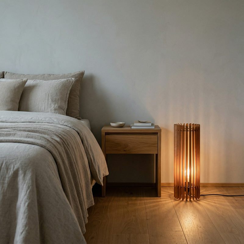 Holz Bodenleuchte im Schlafzimmer – warme Beleuchtung als stilvolle Alternative zur Nachttischlampe