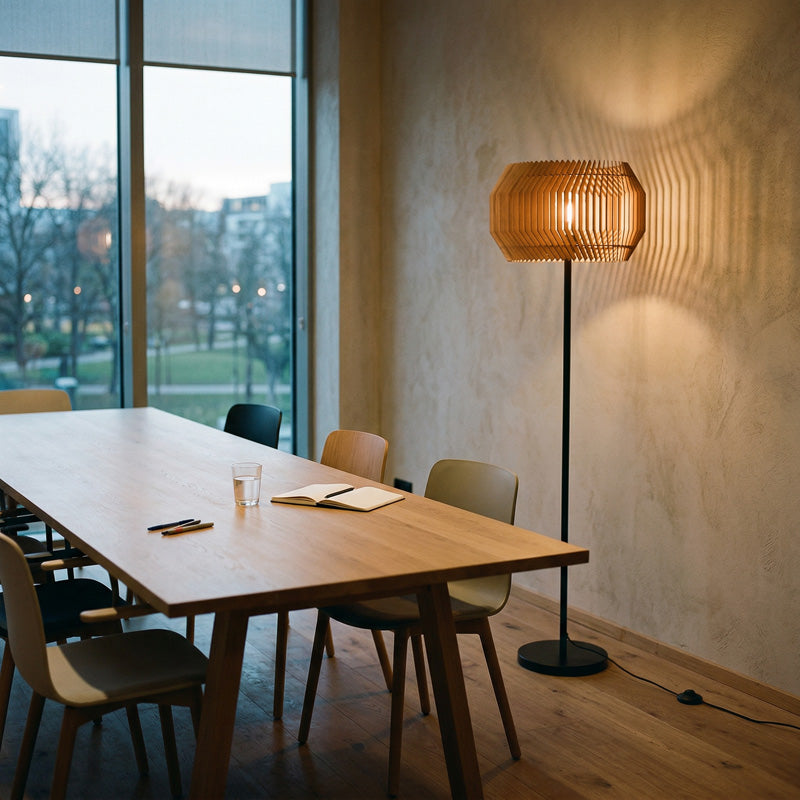 Stehleuchte Holz im Essbereich – natürliche Beleuchtung mit warmem Licht für moderne Wohnräume