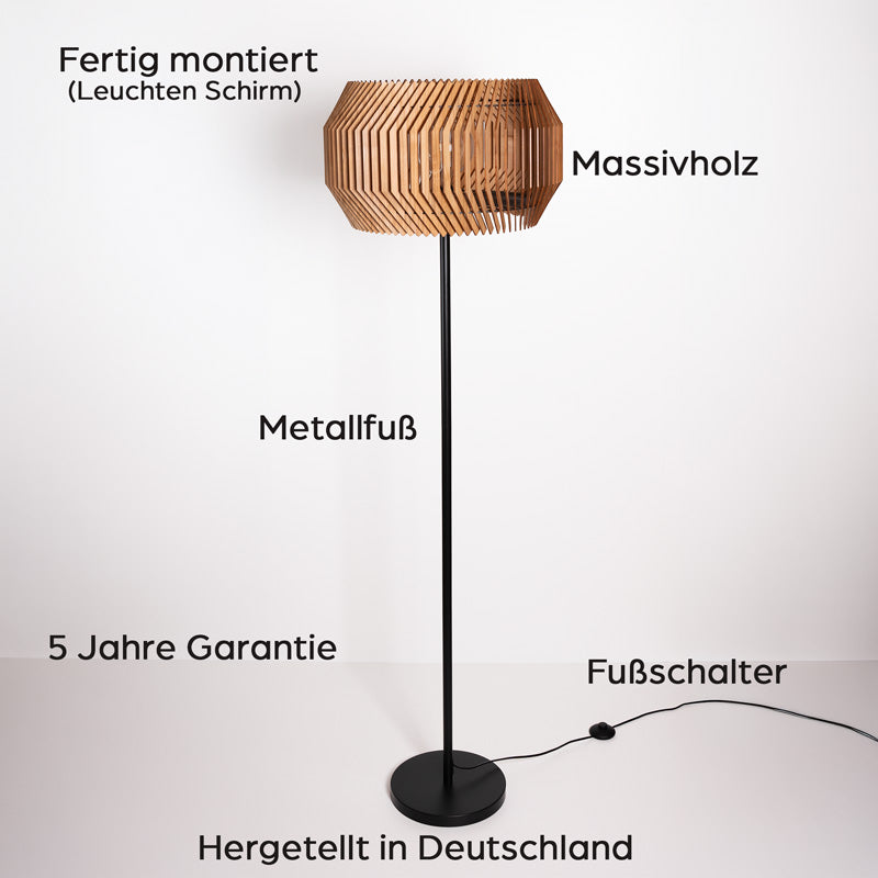 Stehleuchte Holz Aufbau und Details – Massivholz Schirm und Metallgestell im Überblick