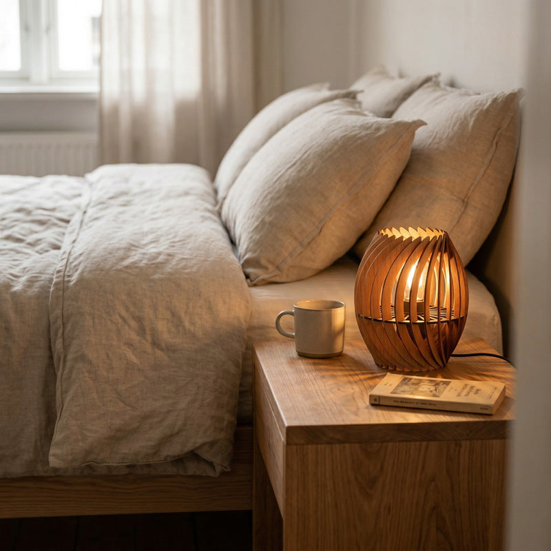 Tischleuchte Holz im Schlafzimmer – warmes Licht für eine gemütliche und entspannte Atmosphäre