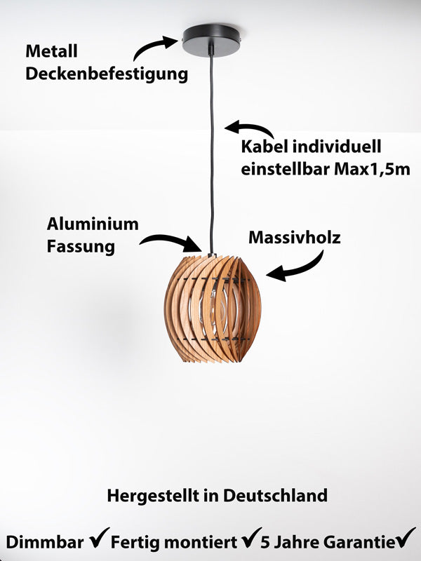 Siena Pendelleuchte Ø19 – Massivholz Designleuchte aus Nussbaum oder Kirschholz
