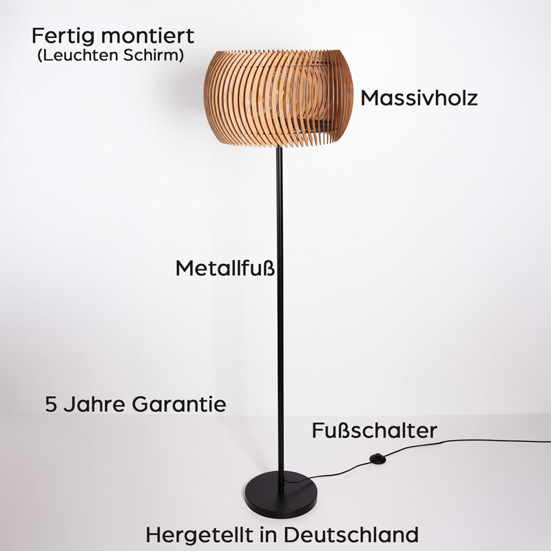 Stehleuchte Holz Aufbau und Details – Massivholz Schirm und Metallgestell im Überblick