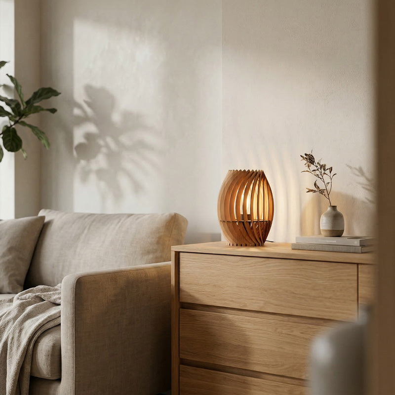 Holz Tischleuchte auf Kommode – warme Beleuchtung für eine ruhige und stilvolle Wohnatmosphäre