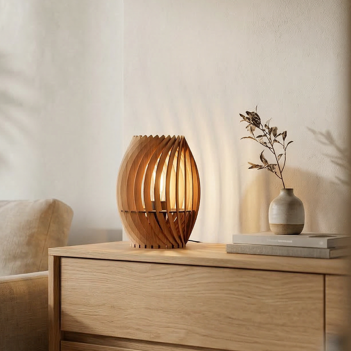 Tischleuchte Valencia – Designleuchte aus Holz handgefertigt aus Nussbaum oder Kirschholz
