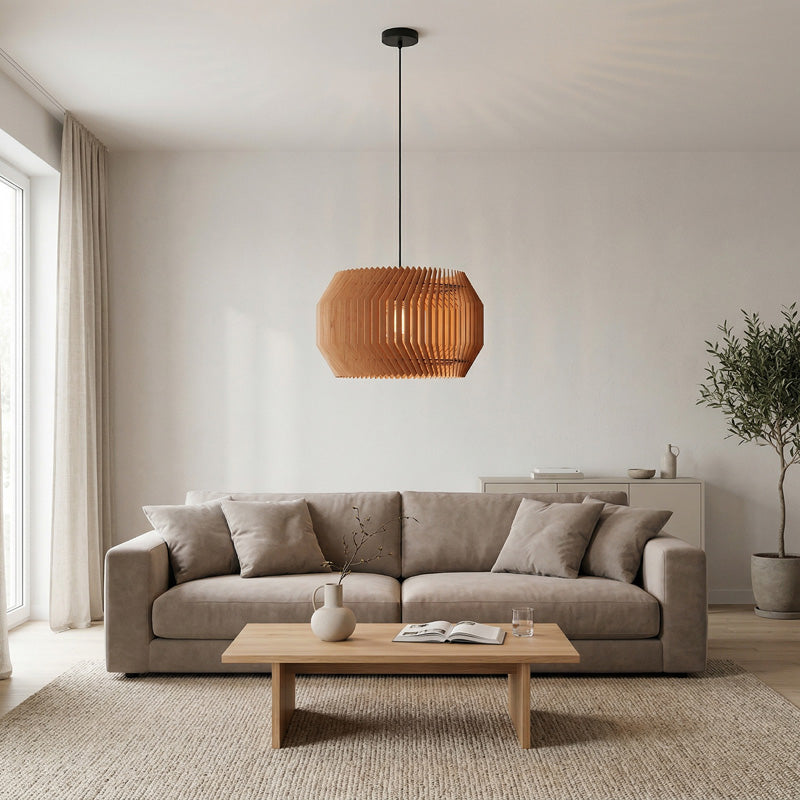 Pendelleuchte Holz im Wohnzimmer – warme Beleuchtung für ein stilvolles und ruhiges Zuhause