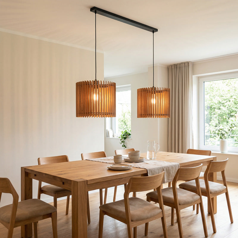 Design Pendelleuchte Holz 2er Set – gleichmäßige Beleuchtung für langen Esstisch mit natürlicher Wirkung