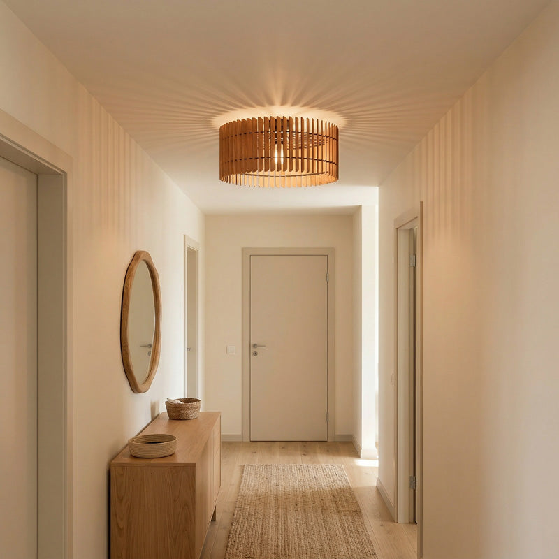 Holz Deckenleuchte im Flur – warmes Licht und markanter Schatteneffekt an der Decke