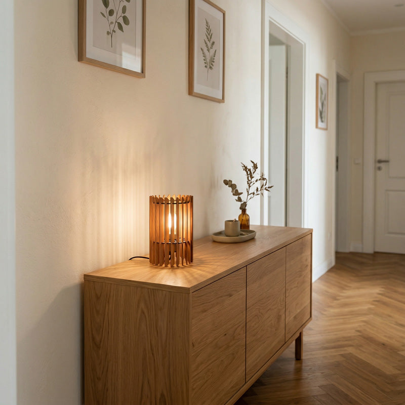 Holz Tischleuchte auf Sideboard – warme Beleuchtung für eine ruhige und stilvolle Wohnatmosphäre